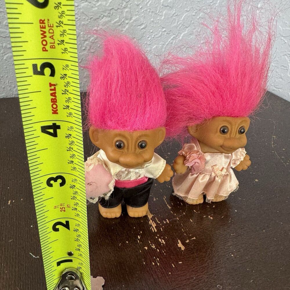 Vintage Russ Troll Dolls Bride & Groom Wedding Pink Hair Lot Of 2 Small 3” - Picture 2 of 7
